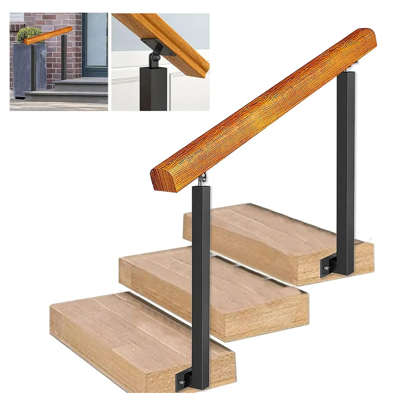 Top Shelf Adjustable Wooden Stair Railing Handrail Kit For Indoor Outdoor Use With Heavy Duty Wrought Iron Corner Brackets And Weatherproof Supports Slick Quick Setup