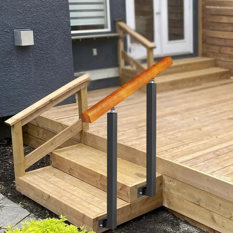 Dang Sturdy Wooden Handrail With Wrought Iron Posts And Adjustable 270 Degree Bracket For Outdoor Porch Or Deck Stairs Slick Powder Coated Safety Grab Rail Kit Gonna Keep You Totally Secure