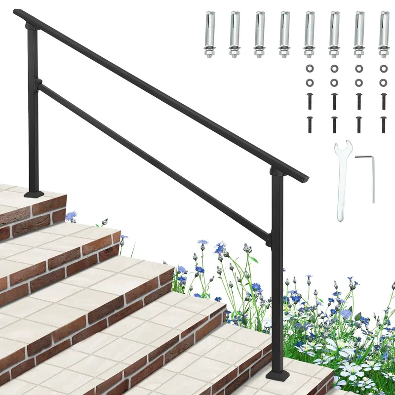 Heavy Duty Six Step Outdoor Stair Railing Kit Built Damn Tough With Galvanized Supports For Rock Solid Grip On Concrete Or Wood Steps Designed For Dead Simple DIY Install