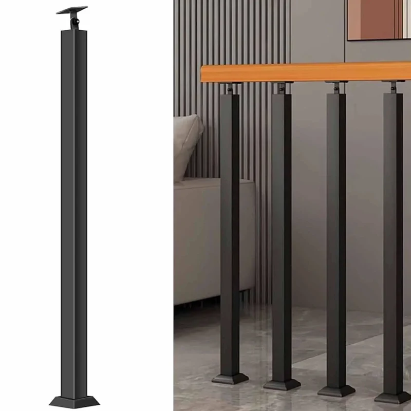 Black Wrought Iron Stair Baluster With 270 Degree Adjustable Bracket, Rock Solid Square Railing Post For Deck And Indoor Steps, Plug And Play Front Mount