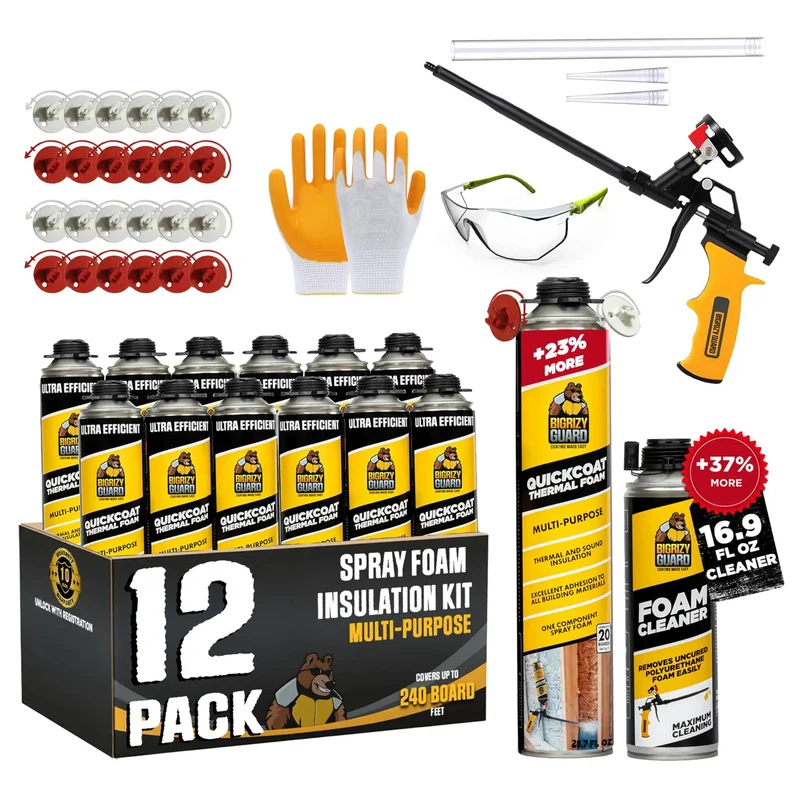Pro Level Heavy Hitter Closed Cell Spray Foam Insulation Kit With Dependable Trigger Gun And Rapid Dissolve Cleaner 12 Pack Solid Thermal Soundproofing Wall And Attic Setup