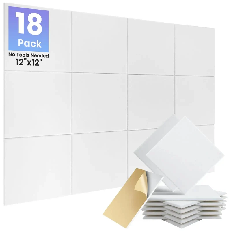 18 Pack Self Adhesive Acoustic Panels For Walls High Density Soundproof Foam Tiles 12 Inch Square White Squares Super Slick Noise Blocking Home Studio Wall Decor With Zero Drama Quick Mount