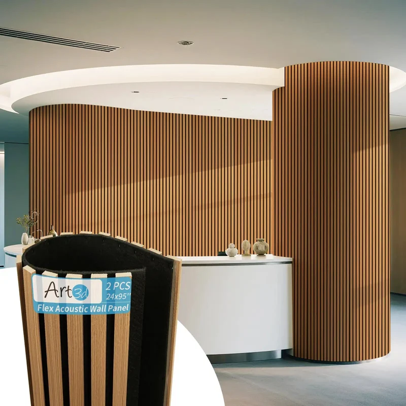 Roll Flexible Acoustic Wood Slat Wall Panels Teak Finish Sound Absorbing Polyester Felt Backing Home Theater Gaming Room Office Decor Adaptable Surface Effortless Setup 2 Pack Game Changer