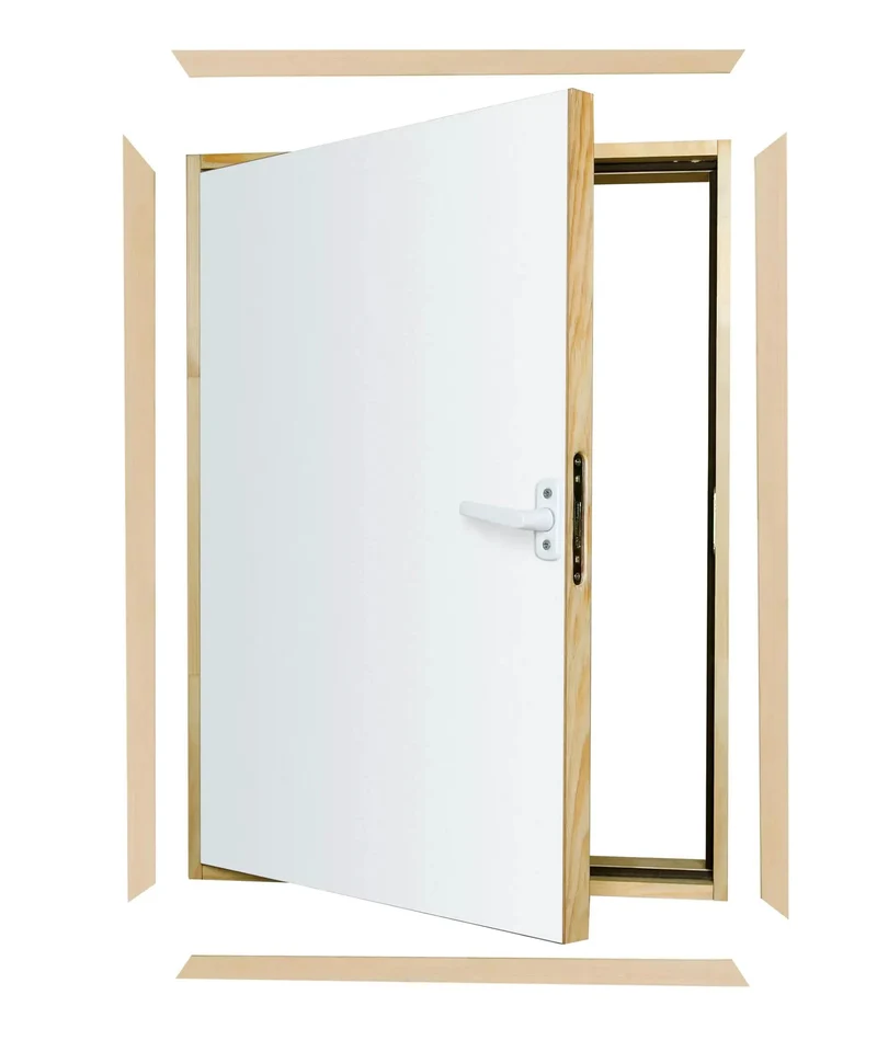 Heavy Duty Insulated Wooden Wall Hatch Access Door White Finish R Value 5.2 Smart Trim Kit Included Fully Assembled For No Sweat Install Featuring Sweet Reversible Swing Fits Twenty One By Thirty One Inch Rough Openings Plus Proven Three Year Warranty