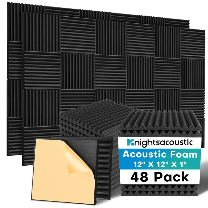 48 Pack Peel And Stick Acoustic Foam Wall Tiles, High Density Sound Absorbing Pads To Banish Echo, Fire Rated Noise Dampening Panels For Recording Studio Or Man Cave, Self Adhesive Black Squares, 12 By 12 By 1 Inch