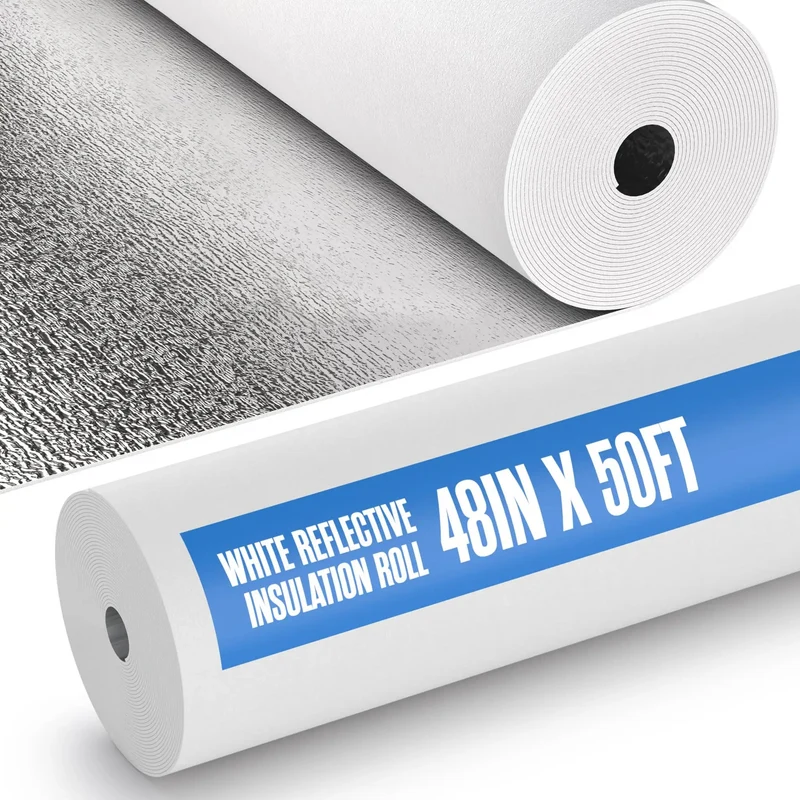 Top Shelf White Foam Insulation Roll With Super Reflective Radiant Barrier Coating For Pole Barn Garage Shed Attic Roofing Ninety Five Percent Heat Reflection Heavy Duty Thermal Management Forty Eight Inches Wide Fifty Feet Long Real Deal