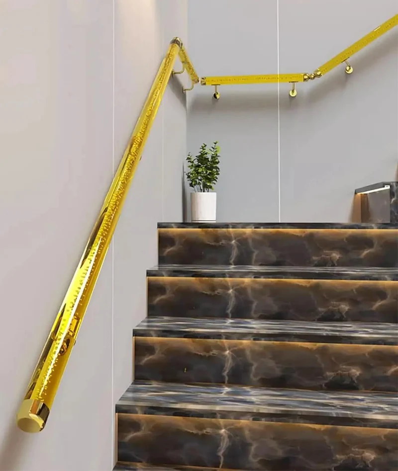 Clean Clear Acrylic Stair Handrail With Gold Brackets Wall Mount Grab Bar Totally Rock Solid Non Slip Banister Heavy Duty Safety Railing Custom Length Support Tube