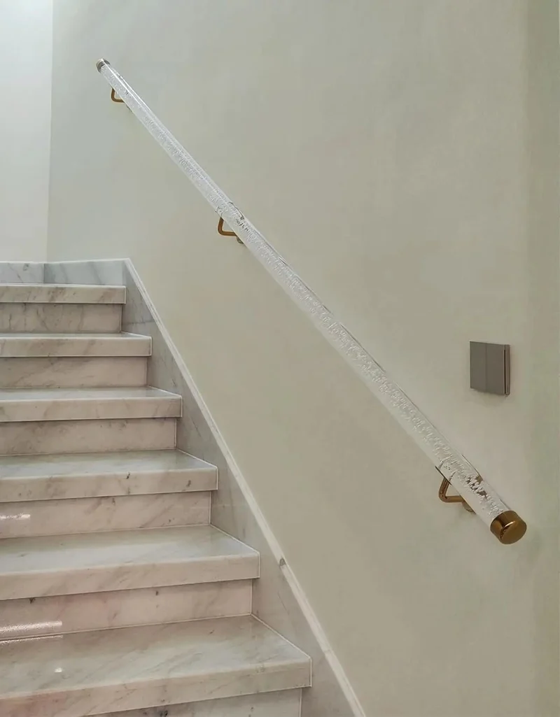 Hella Durable Clear Acrylic Stair Handrail With Sharp Gold Stainless Steel Brackets And Grippy Non Slip Surface For Indoor Outdoor Wall Mount Banister Top Shelf Build Custom Cut Lengths Available For Fast Install And Everyday Dependability