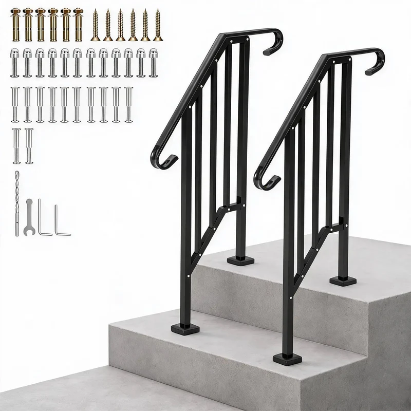 Adjustable 2 Pack Outdoor Stair Handrail Kit Tough As Nails Built With Galvanized Steel And Black Powder Coated Industrial Pipe Style Featuring Rugged Balusters For Porch Concrete Step Safety Support That Hold Fast In Wet Or Icy Conditions