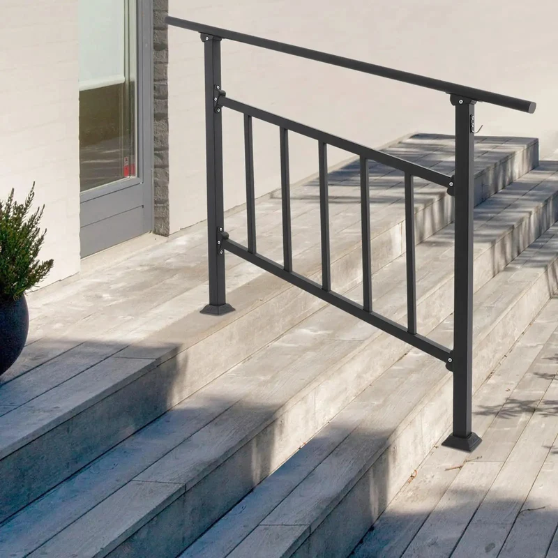 Heavy Duty 4 Step Stair Railing With Integrated Side Fence And Hella Sturdy Steel Outdoor Handrail Featuring Easy Install For Porch Deck Safety In Black