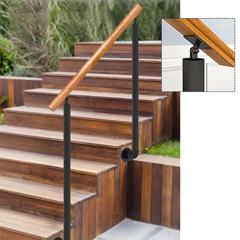 Go Big On Safety With This Solid Wood Outdoor Handrail Kit Featuring Wall Mount Brackets For Steps Stairs and Terraces With Sturdy Iron Posts Adjustable Fit Weather Resistant Finish For A Rock Solid Grip and Clean Lines