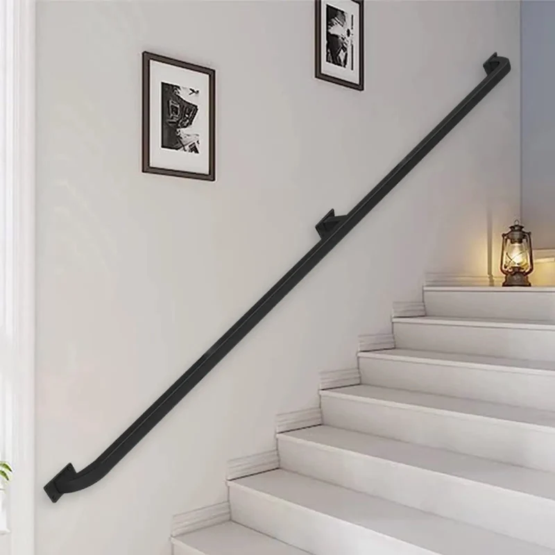 Hella Sturdy Black Wrought Iron Handrail Stair Railing Wall Mount Grab Bar For Indoor And Outdoor Upgrades 18 Foot Rust Proof Durable Step Safety Guardian