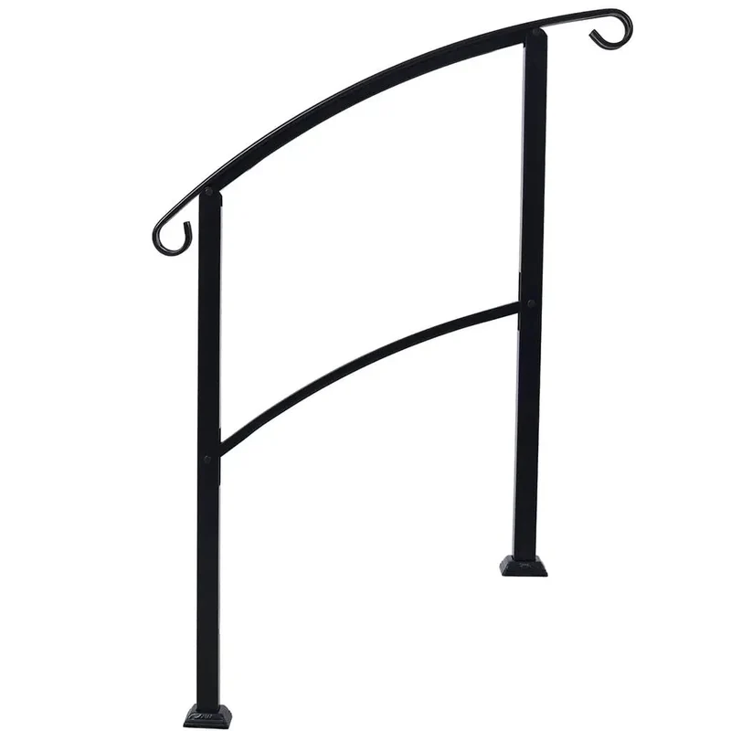 Sturdy As Nails Wrought Iron Handrails For Outdoor Steps With Curved Non Slip Grip Solid Black Porch Railing Kit Built For One To Three Exterior Staircase Entrances