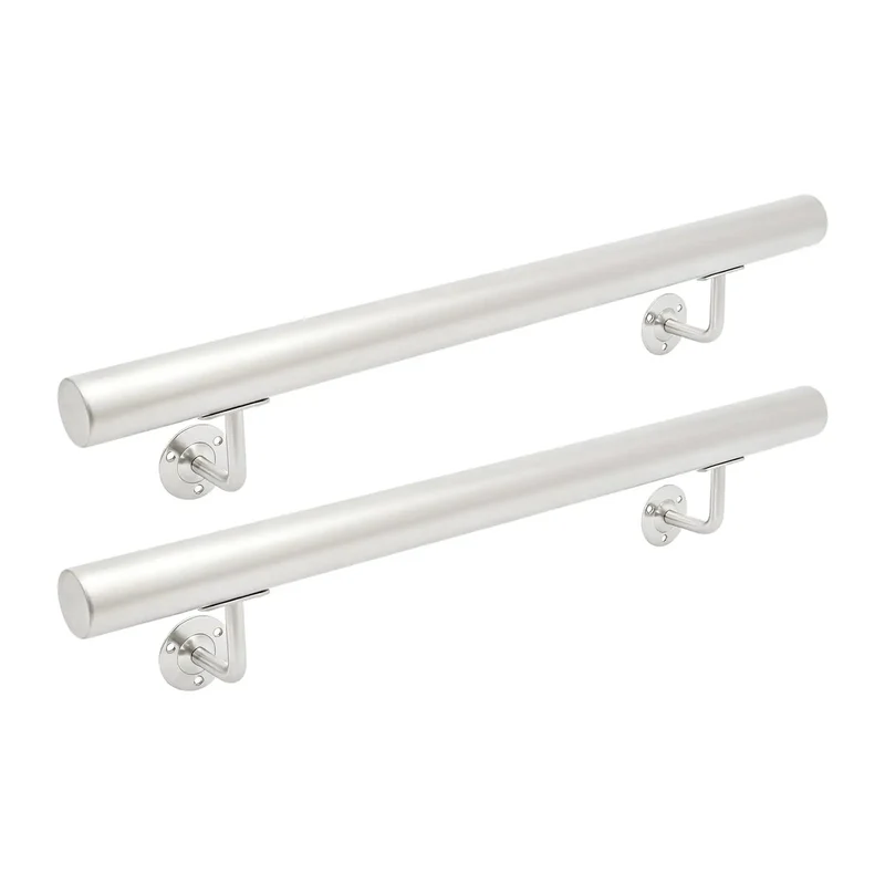 Heavy Duty Wall Mounted Stair Handrail In Rust Proof Stainless Steel For Indoor Outdoor Steps With A Baked Enamel Finish That Provides Hella Solid Bolt Tight Grip Supporting Up To Two Hundred Pounds