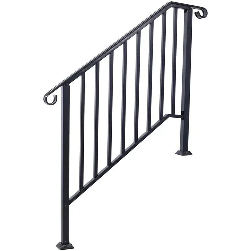 Top Shelf Three Step Outdoor Handrail, Black Metal Stair Railing Kit With Curved Wrought Iron Balusters, Zero Hassle Safety Grab Bar For Concrete Steps, Deck And Porch Entryway
