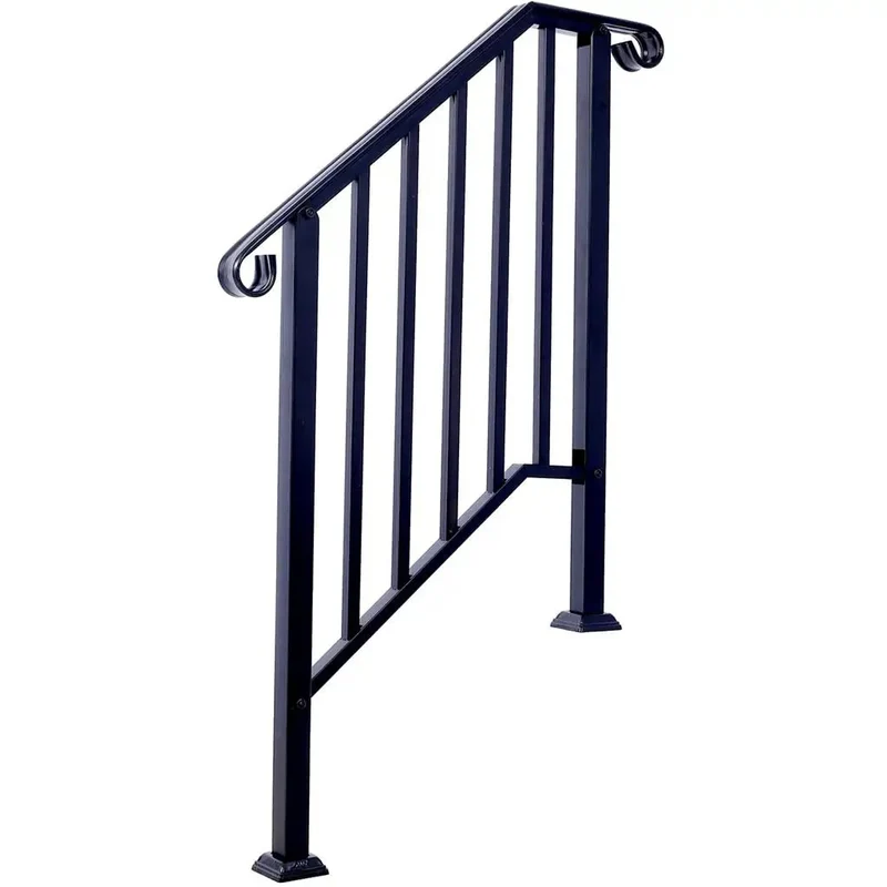 Rock Solid Three Step Outdoor Handrail Featuring Smooth Curved Wrought Iron Frame With Heavy Duty Rust Resistant Steel Railing For Concrete Steps Porch Deck Safety Bars And Quick Backyard Setup