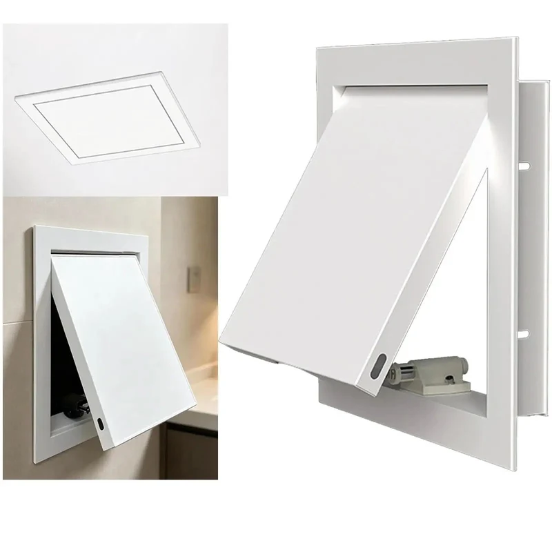Heavy Duty Push To Open Aluminum Access Panel For Drywall Ceilings And Walls Solid Build Inspection Hatch Cover With Straight Snug Magnetic Fit Smooth White Paintable Finish Hides Messy Cables