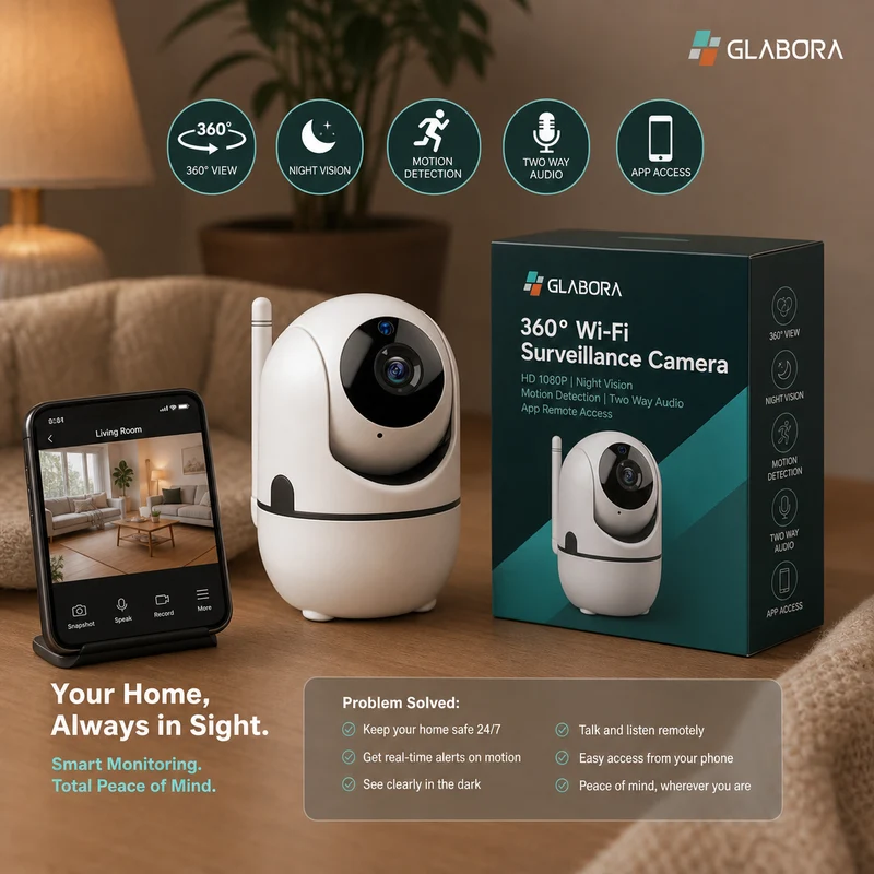 Telecamera di Sorveglianza Wi-Fi 360° HD con Visione Notturna e Audio Bidirezionale per Sicurezza Totale
